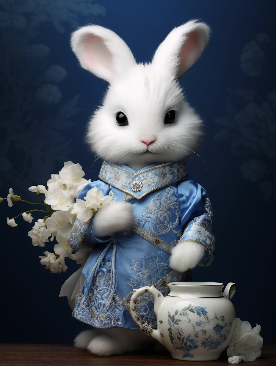 Fluffy White Bunny Tutu In Chinese Costume With Porcelain Vase PromptDen