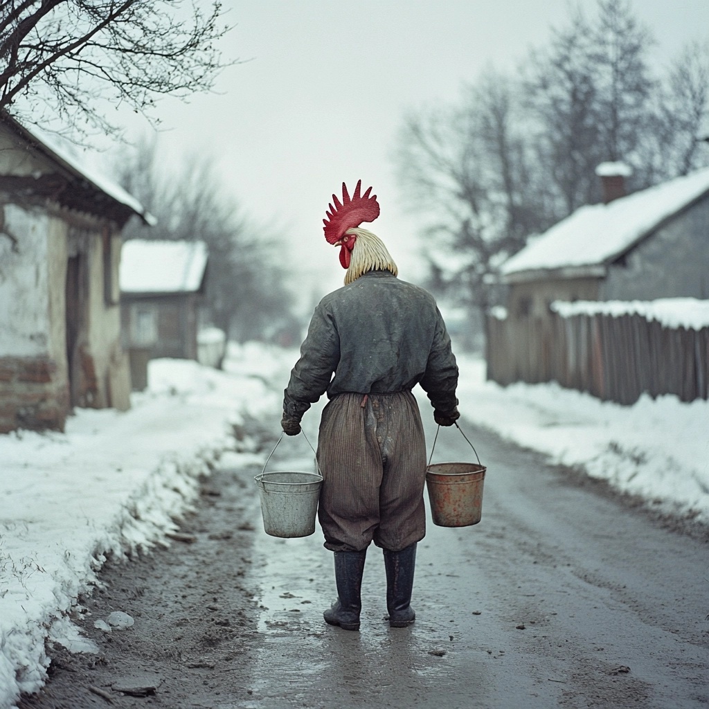 Vintage 90s Russian Village Winter Scene