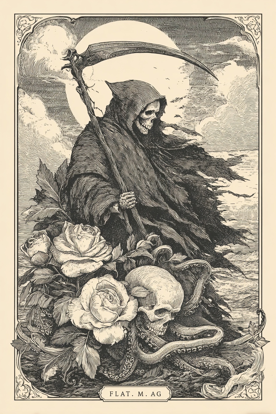 Dark Elegance: Grim Reaper Octopus Tarot Art