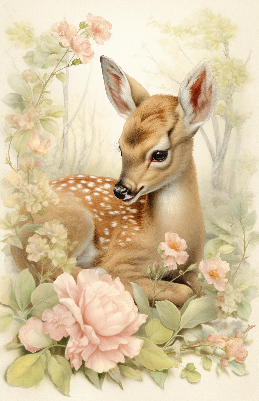 Newborn Baby Animal: Detailed Rococo Vintage Print