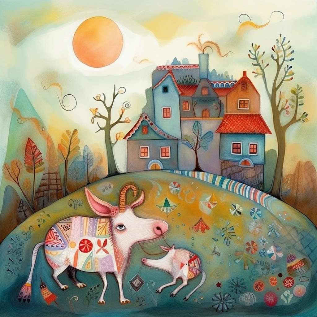 Whimsical Goat Scene: Hand-Drawn with Contrasting Colors