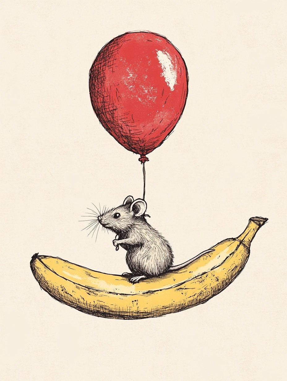 Charming Mouse on Banana with Red Balloon