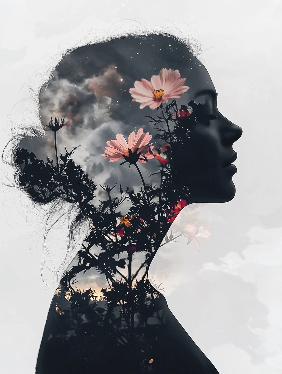 Stunning 8K Double Exposure Art: Night Sky & Flowers