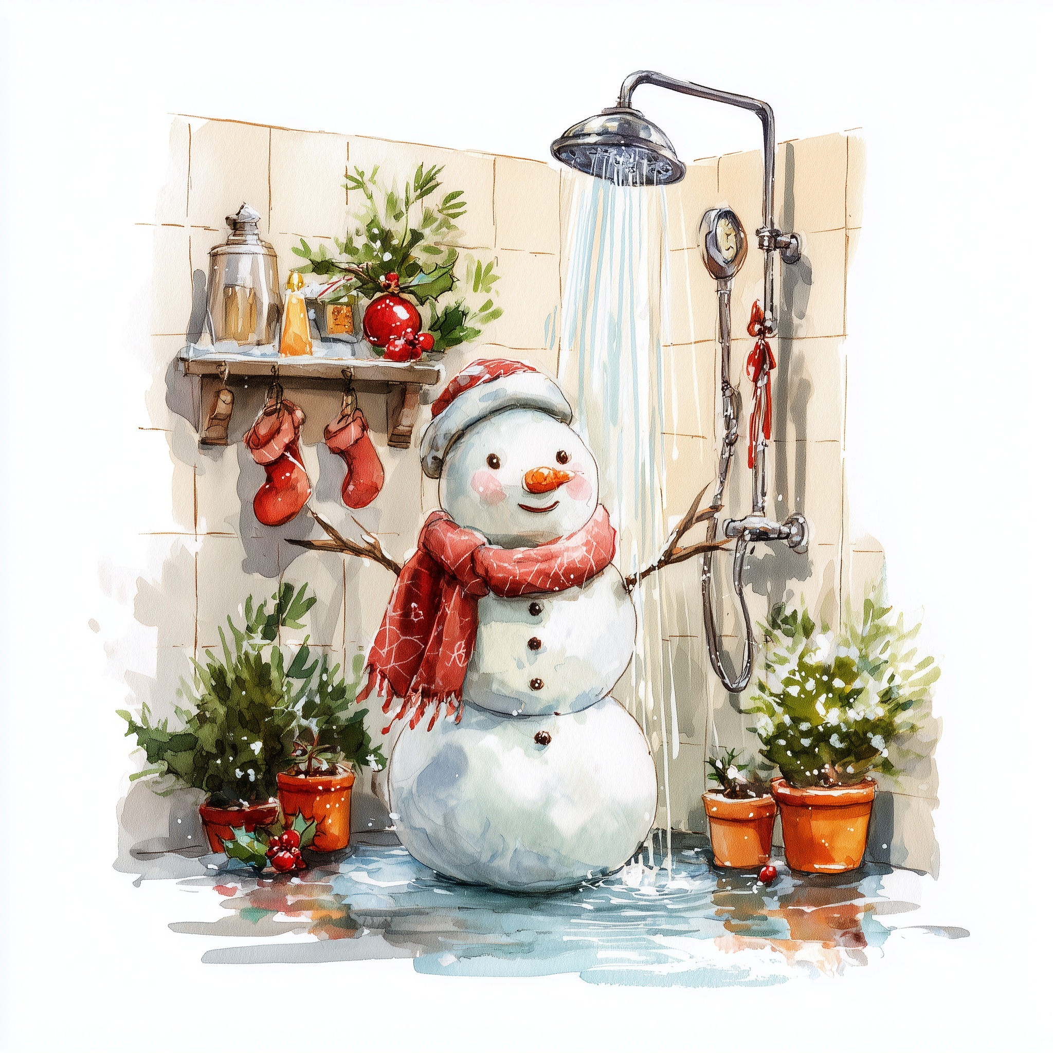 Whimsical Snowman Shower Holiday Card Design