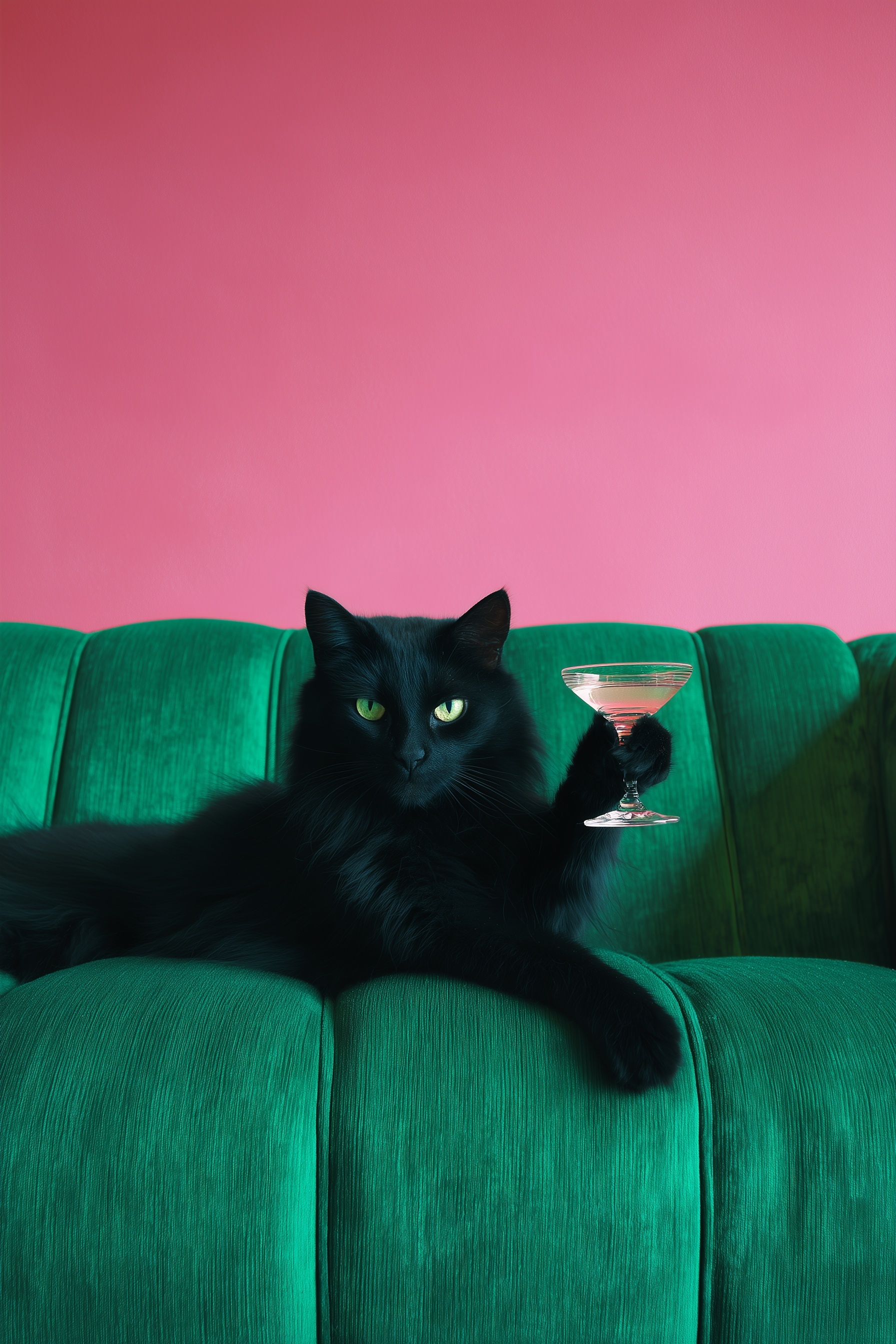 Chic Cat Lounge: Martini Vibes on Green Couch