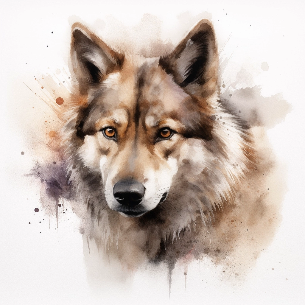 Hyper Realistic Brown Wolf Dog Head in Watercolor