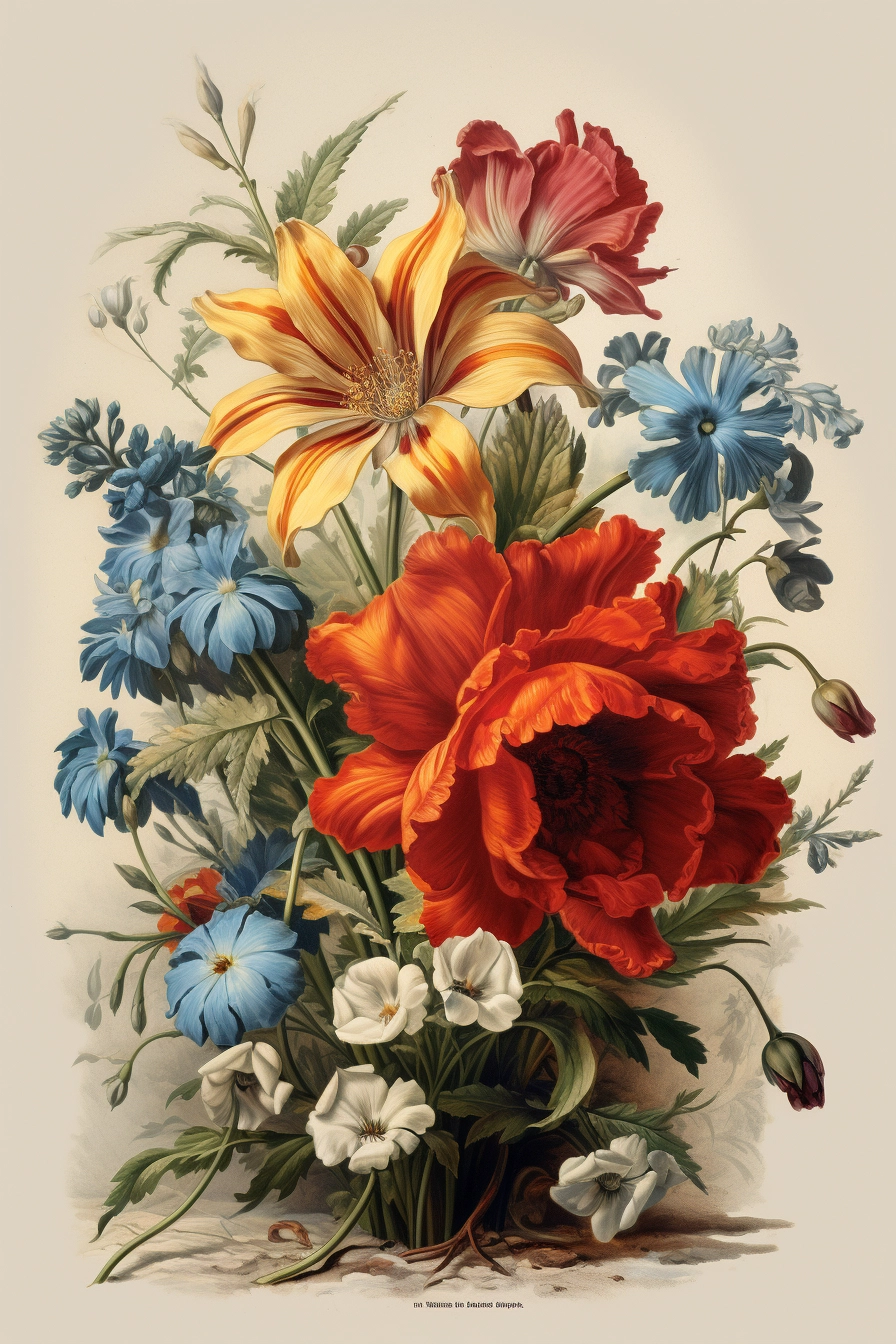 Realistic 1818 Botanical Painting: Red, Blue, White & Yellow Flowers