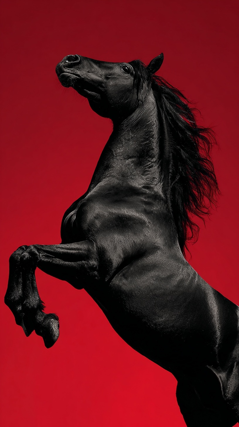 Stunning Black Horse on Fiery Red Canvas