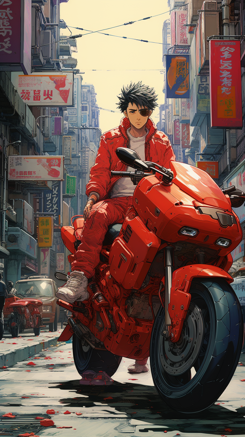 Tetsuo & Kaneda: Manga Characters Roaming Neo-Tokyo Streets with Stickered Red Bike