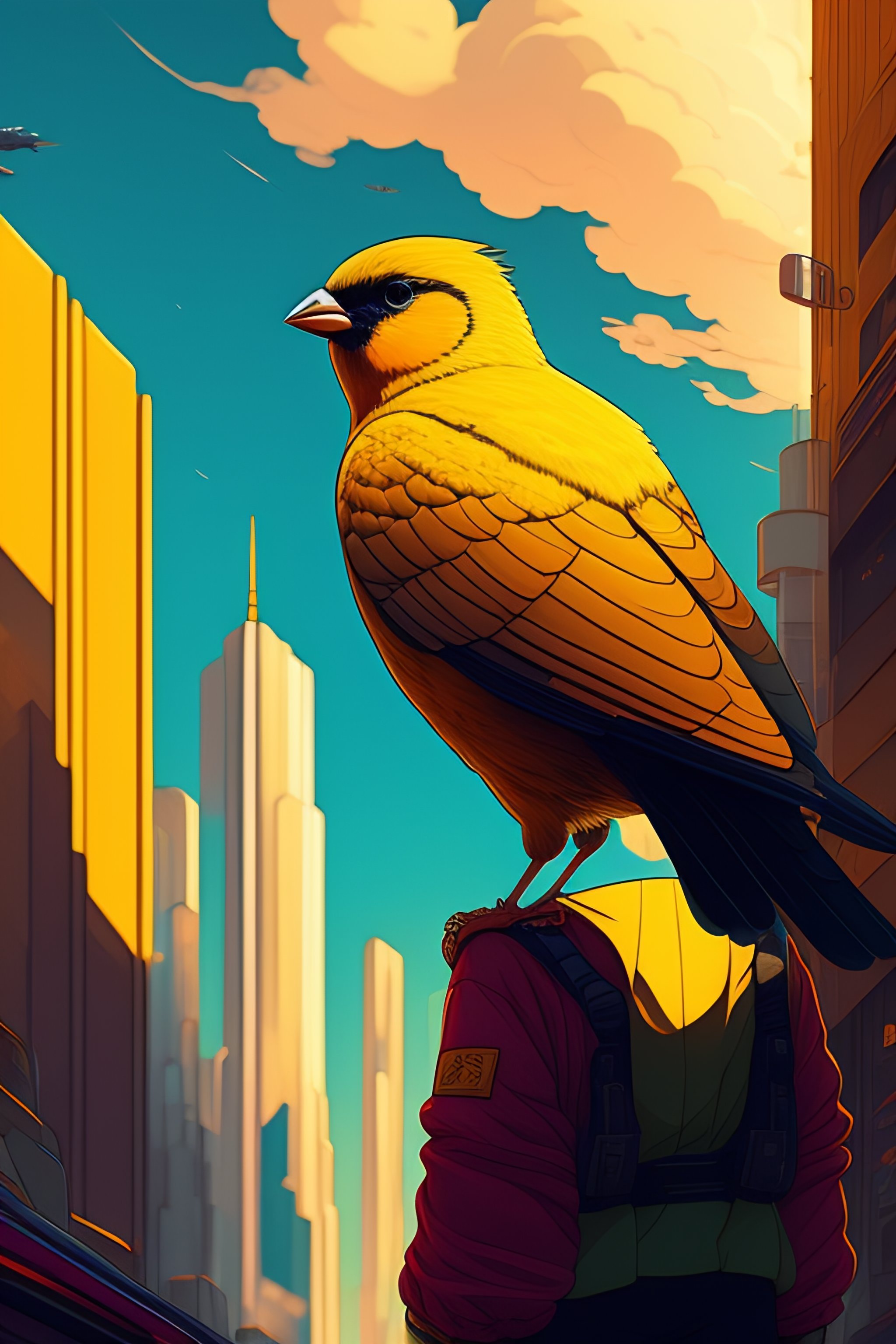 Golden Finch in Futuristic Cityscape