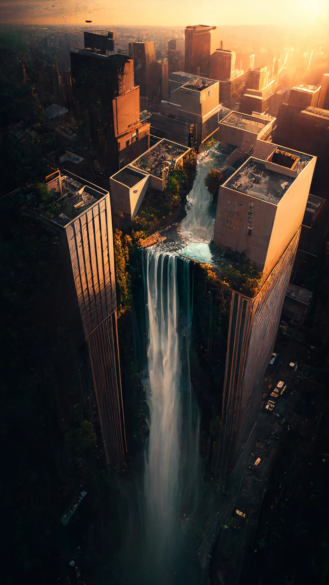 Golden Hour Drone Photography: Cascading Waterfall on City Skyscraper