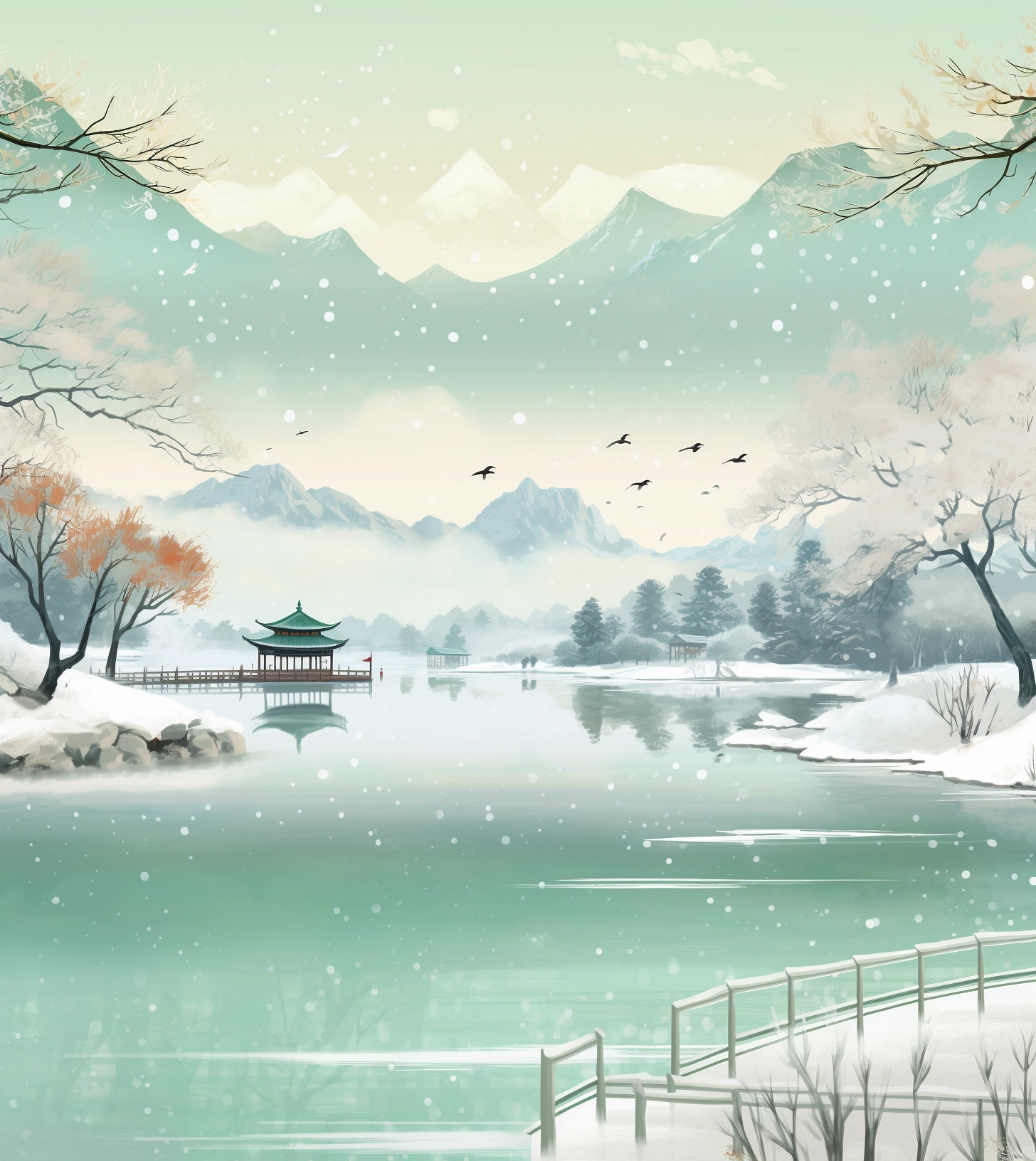 Discover the Serenity of Rural China's Minor Snow Festival - Flat Illustration in Victo Nagi Style