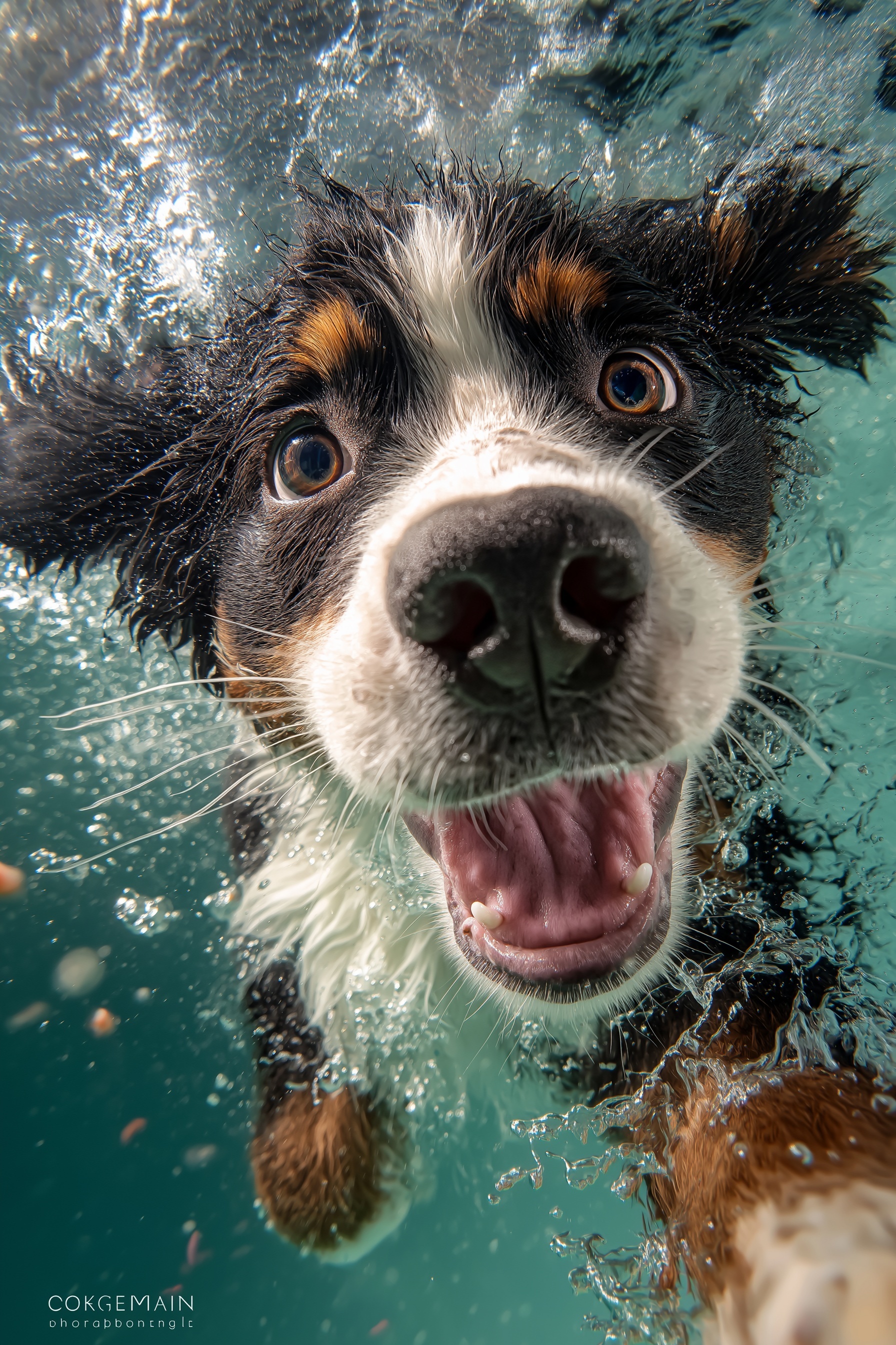 Playful Bernese Dog's Underwater Adventure