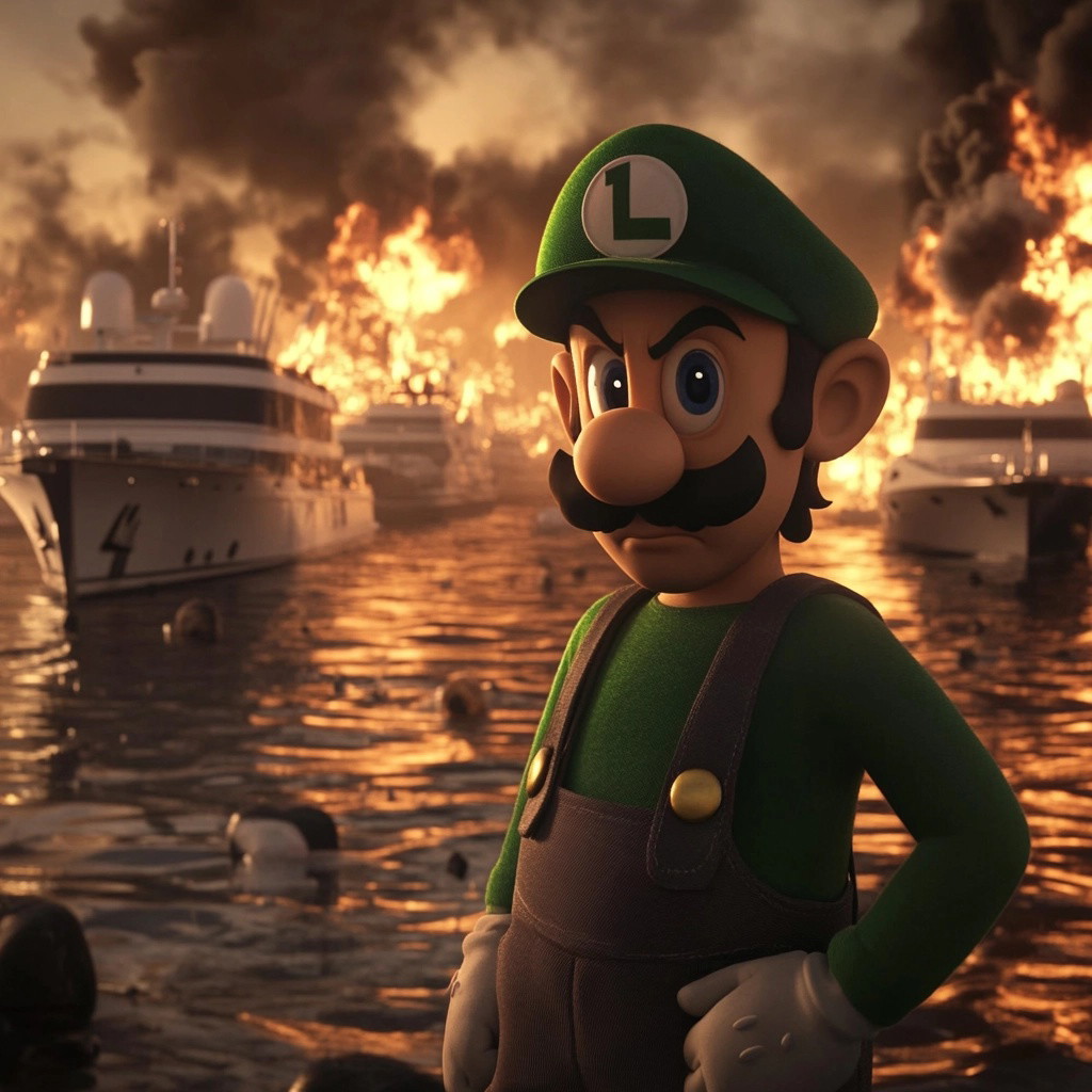 Luigi's Grim Stare Amidst Fiery Yachts