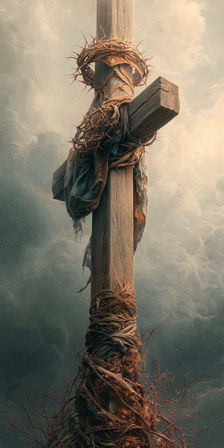 Elegant Wood Cross with Crown of Thorns