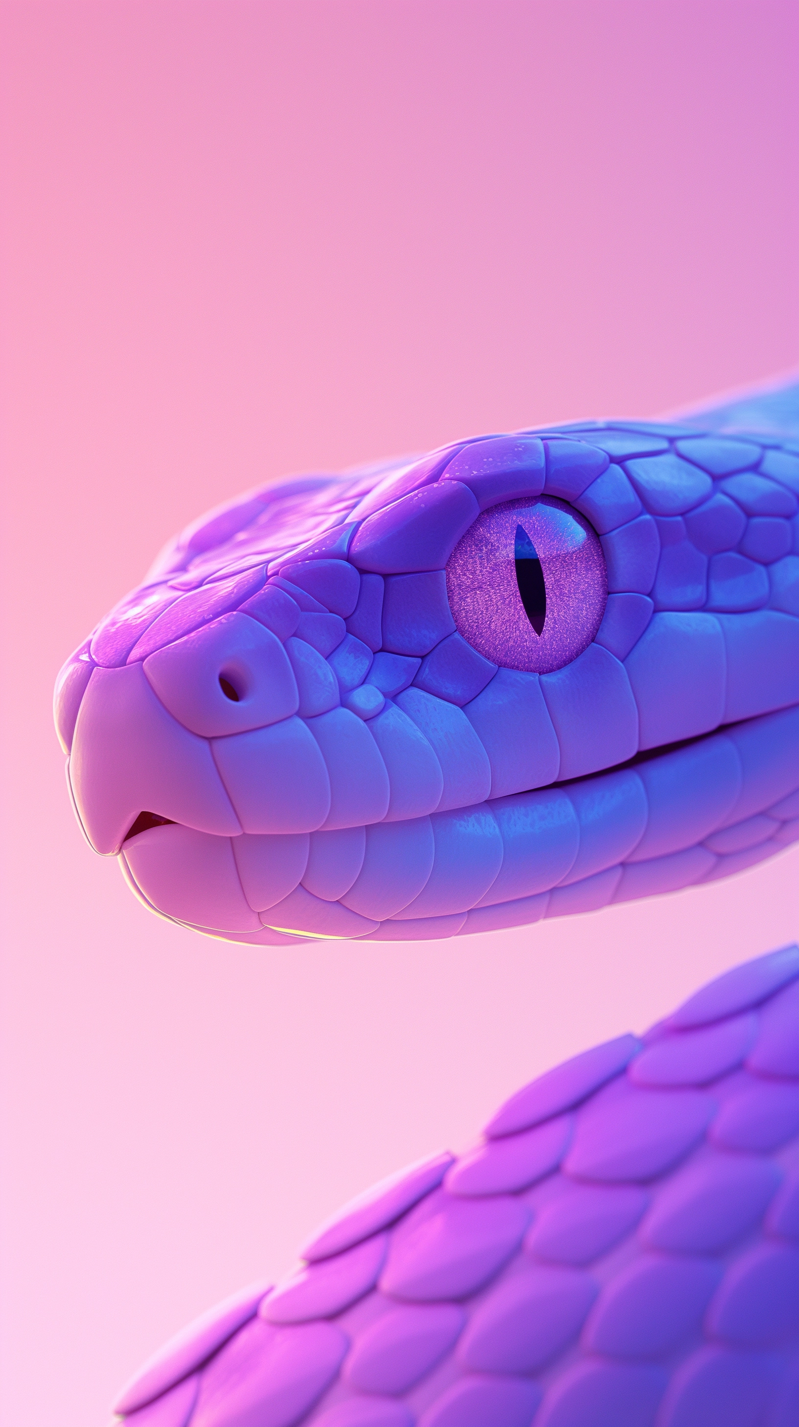 HD Cartoon Snake Head: Minimalistic 8K Close-up with Light Purple Gradient Background