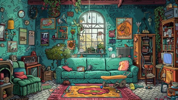 Whimsical Living Room Cartoon with Quirky Wall