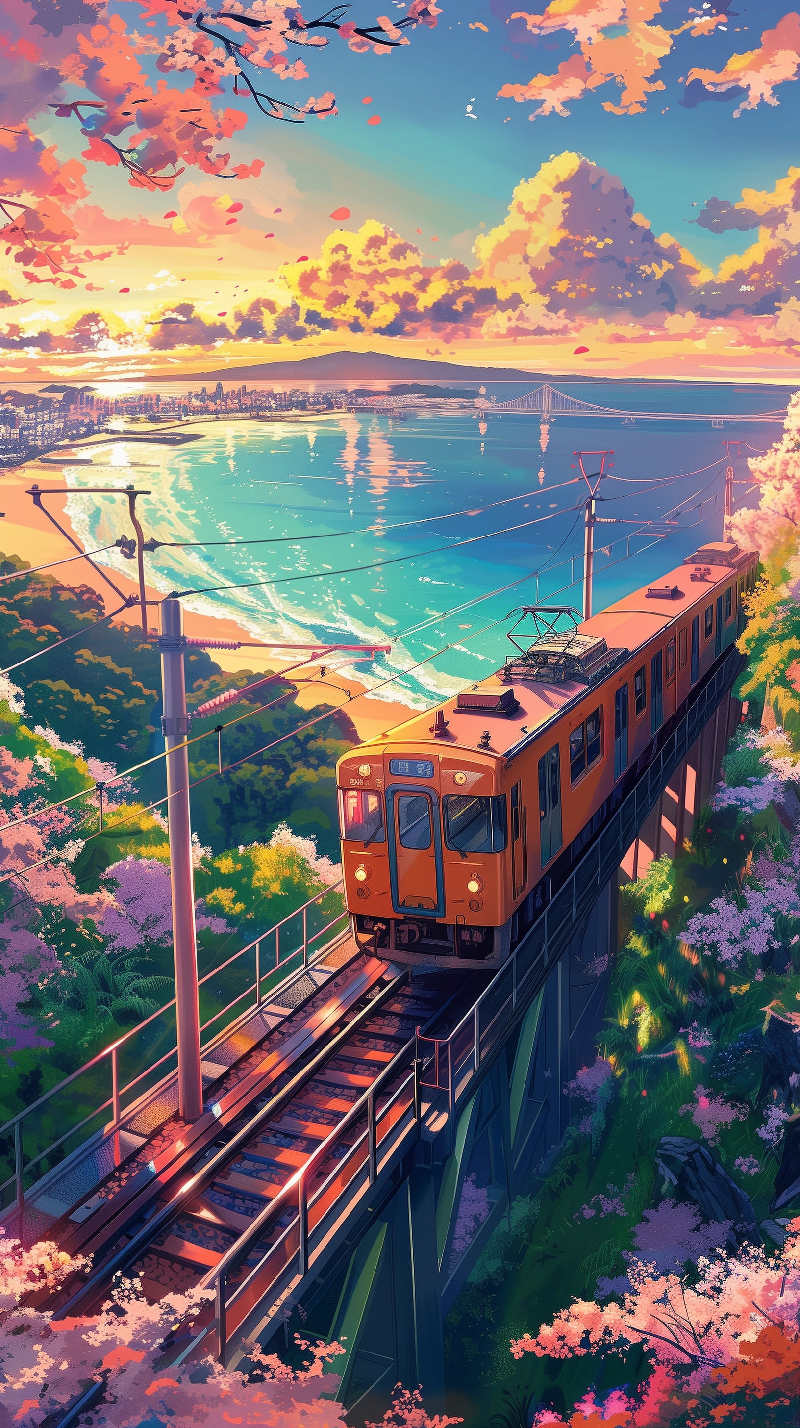 Vibrant Anime Landscape: Orange Train, Cherry Blossoms & Sunset