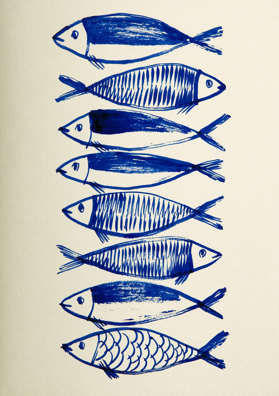 Artisan Hand-Drawn Cobalt Blue Fish Illustration