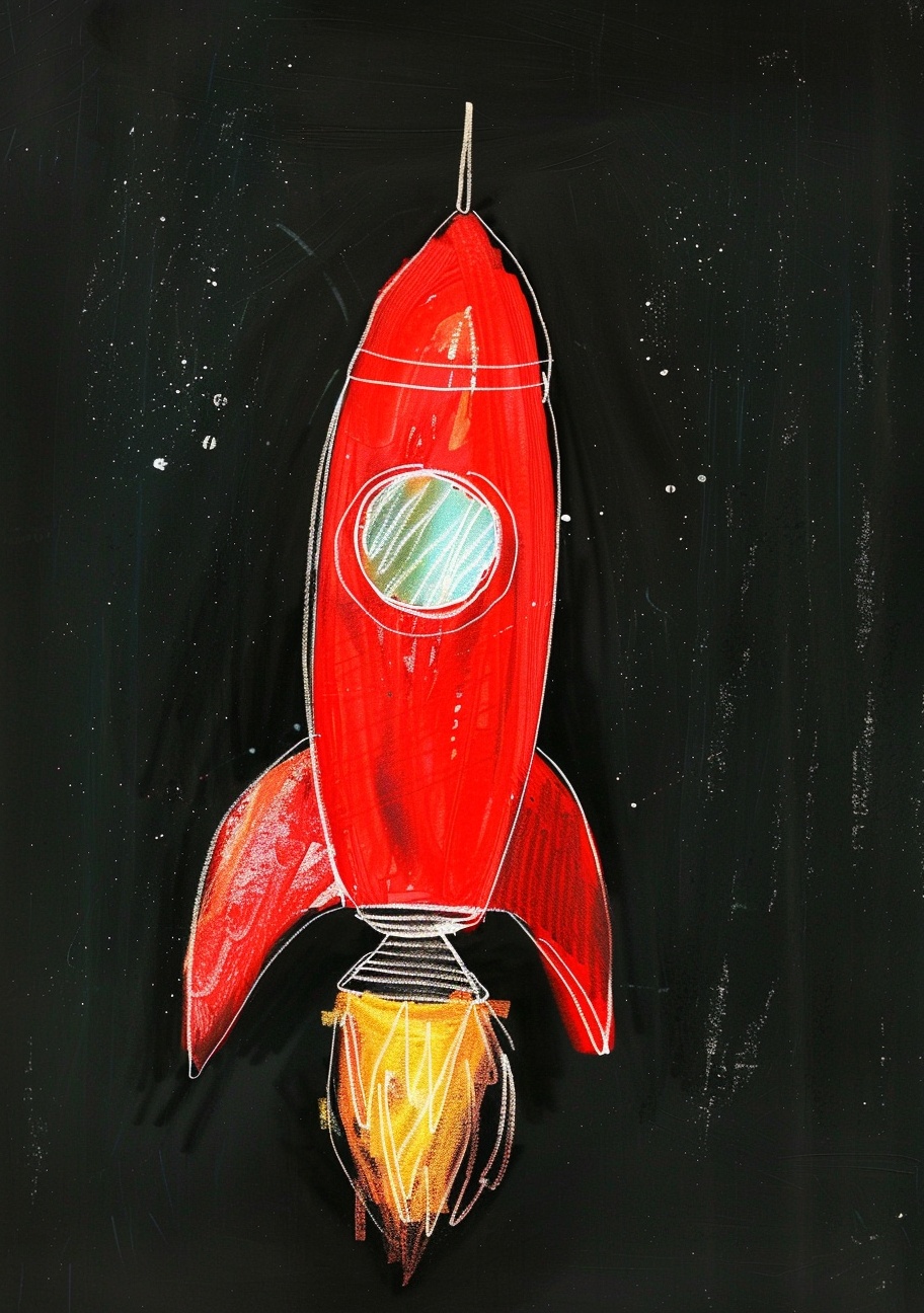 Vibrant Red Space Rocket Drawing on Dark Background