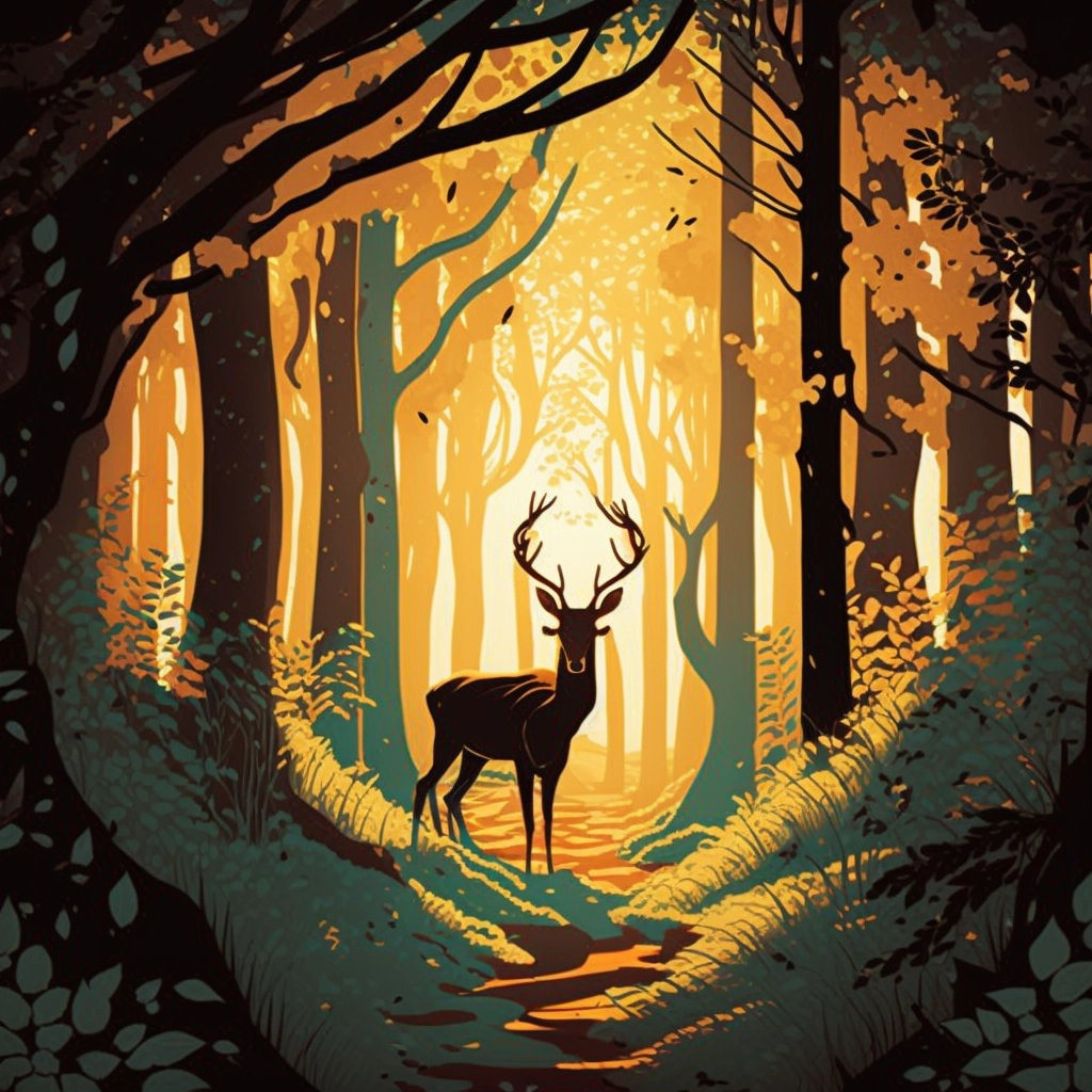 Sunny Woods Vector Art: Deer in Clearing