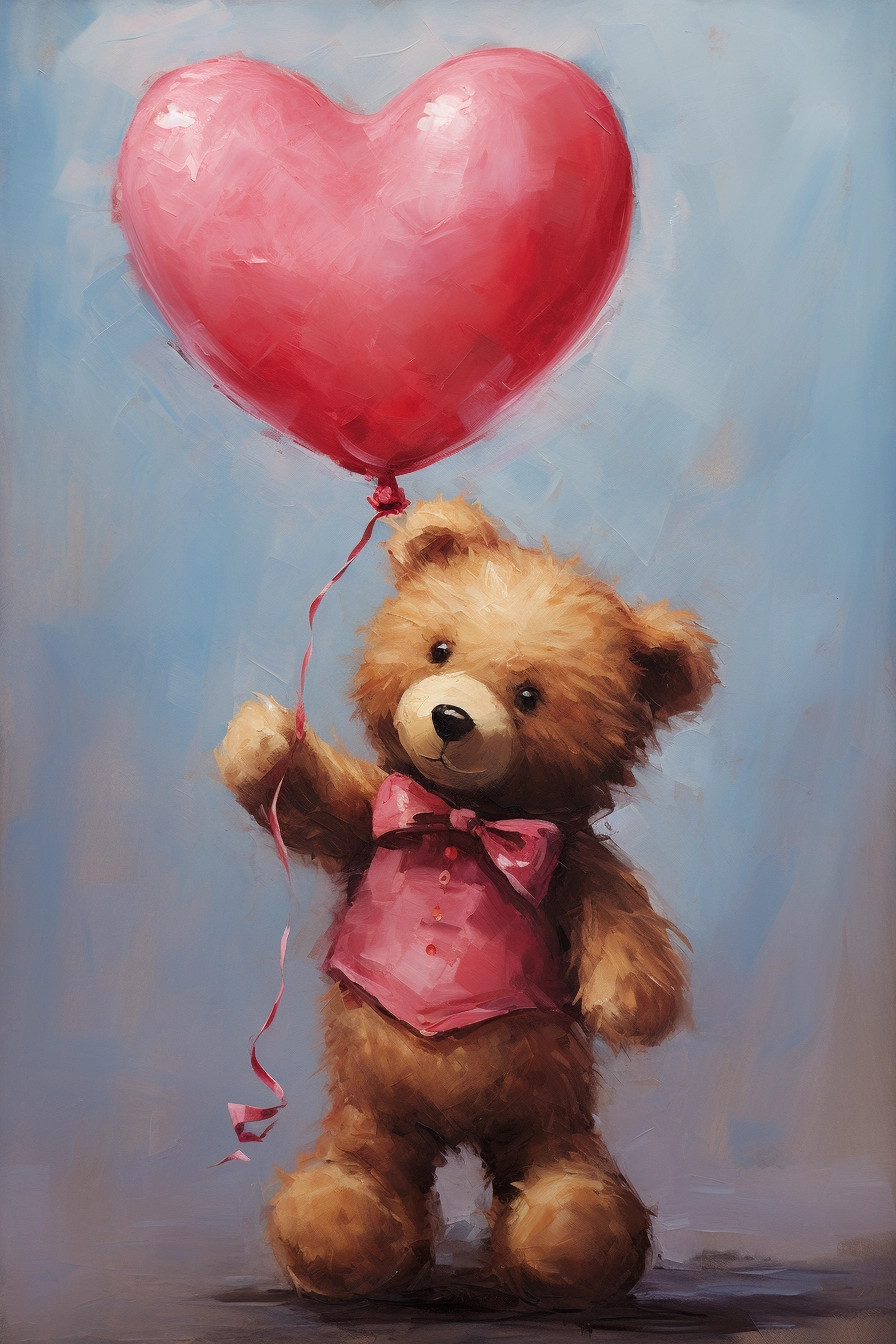 High-Quality Teddy Bear Oil Painting with Heart Balloon