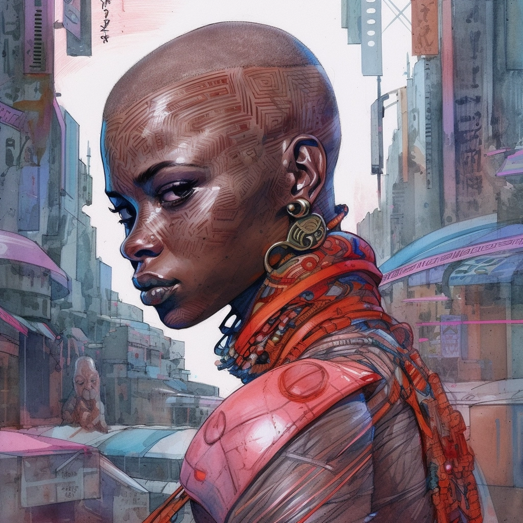 Beautiful Bald Dora Milaje in Afrofuturistic Wakanda - Anime Watercolor by Shinichirō Watanabe