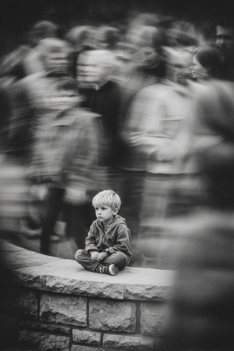 Amidst the Crowd: A Child's Stillness in Motion