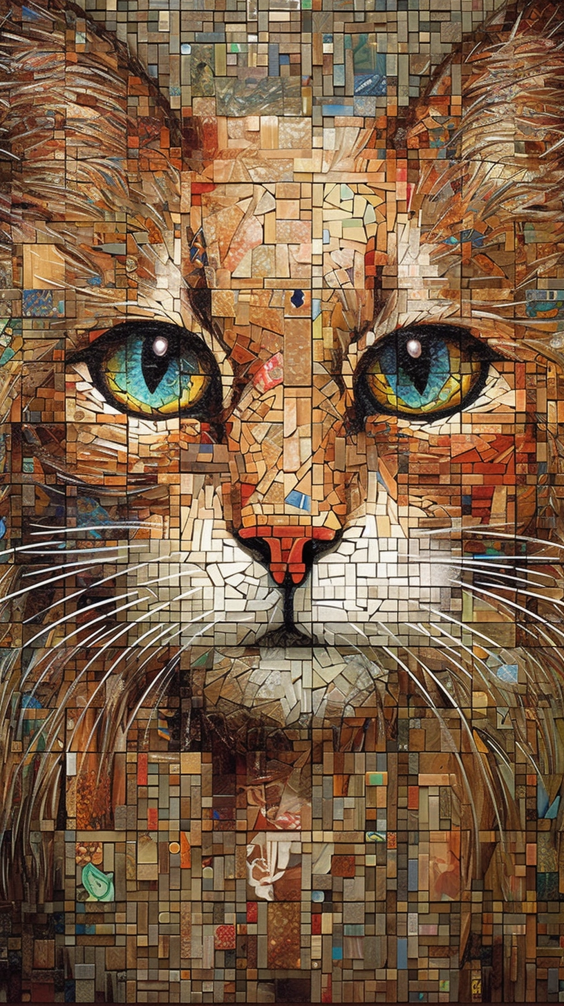 Sci-Fi Cat Portrait on Porcelain Mosaic Wall