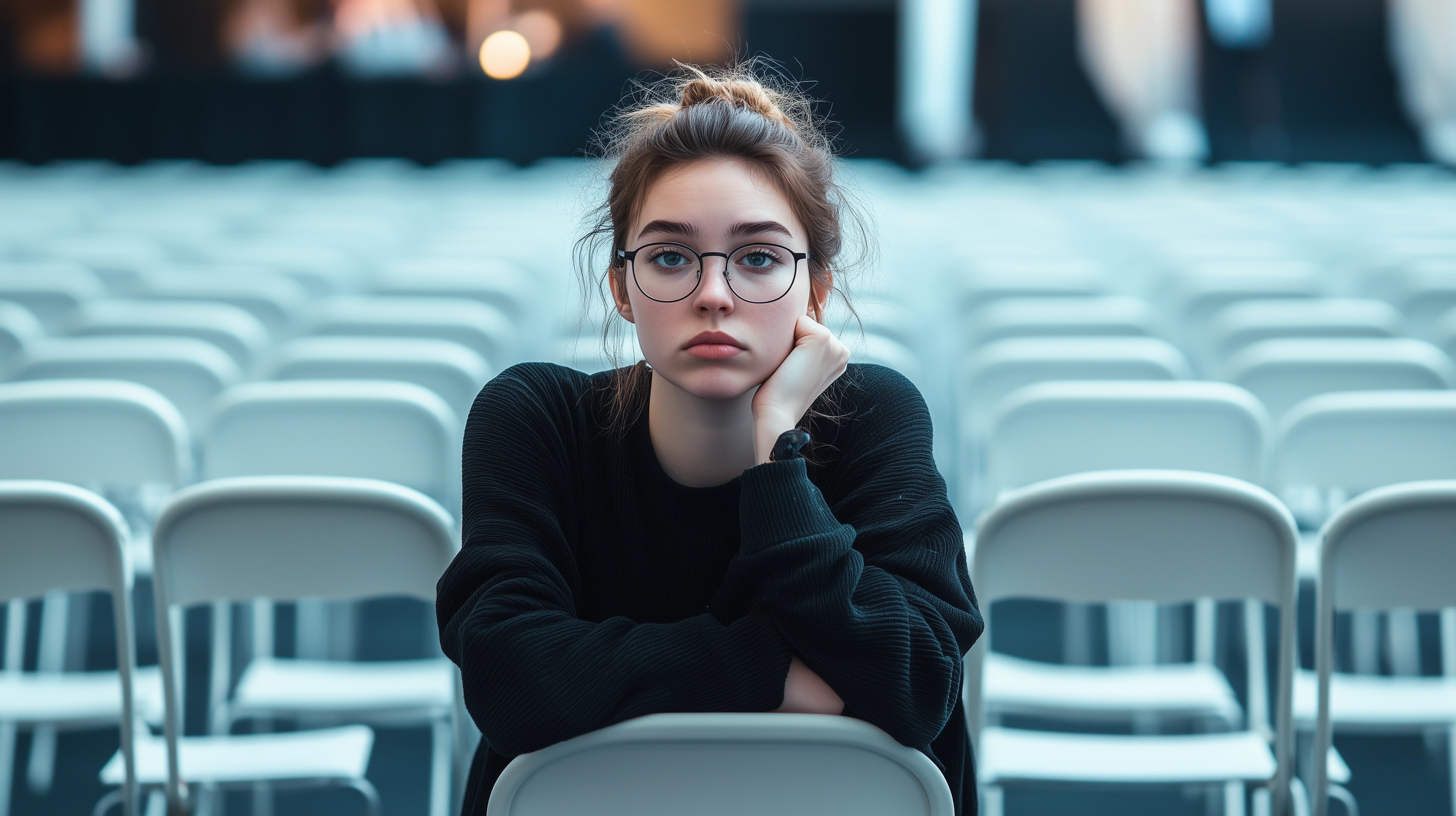 Lonely Visitor in Empty Event Hall