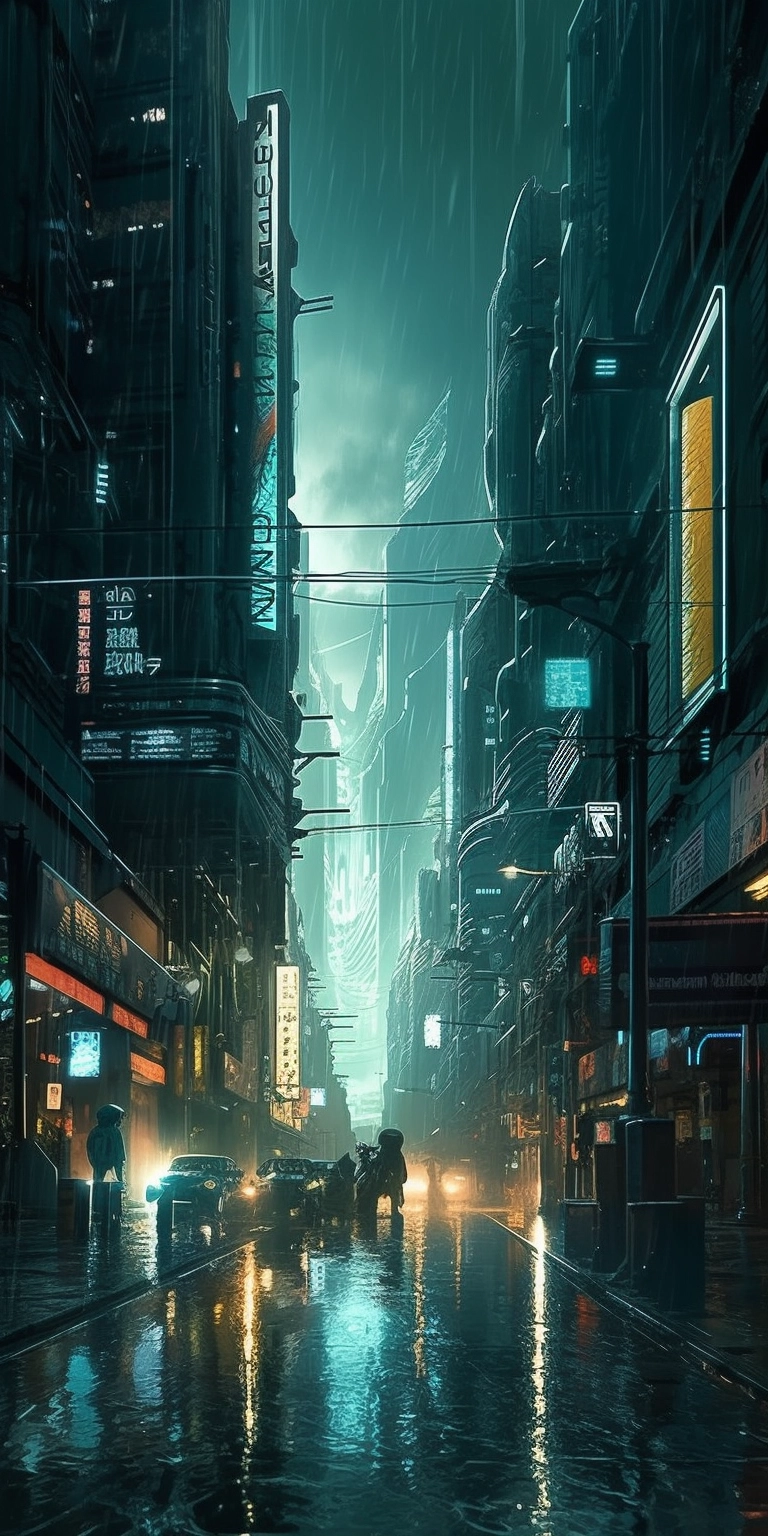 Futuristic Rain: Anime Cityscape in Dark Turquoise