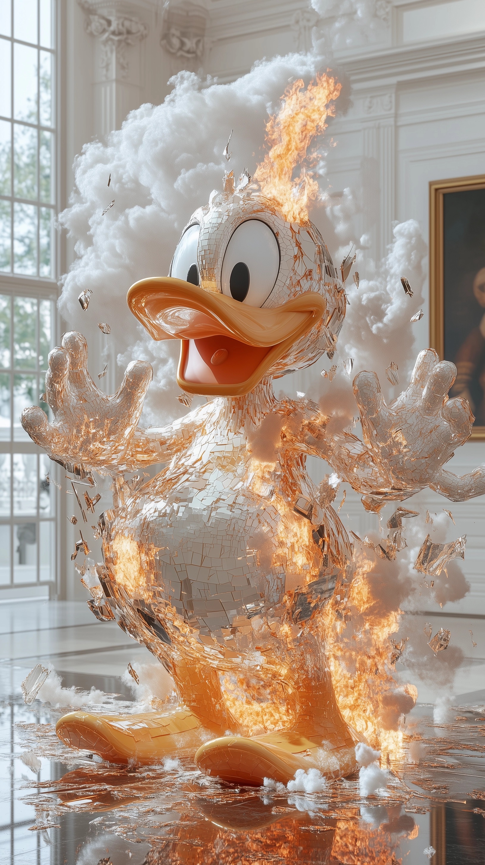 Surreal KAWs Donald Duck Sculpture in Fiery Gallery