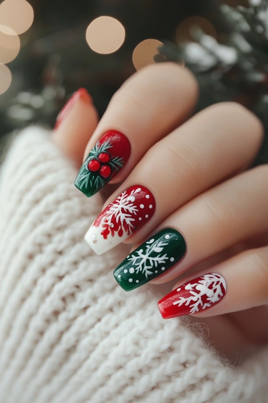 Elegant December Nails: Red, White, and Green Designs