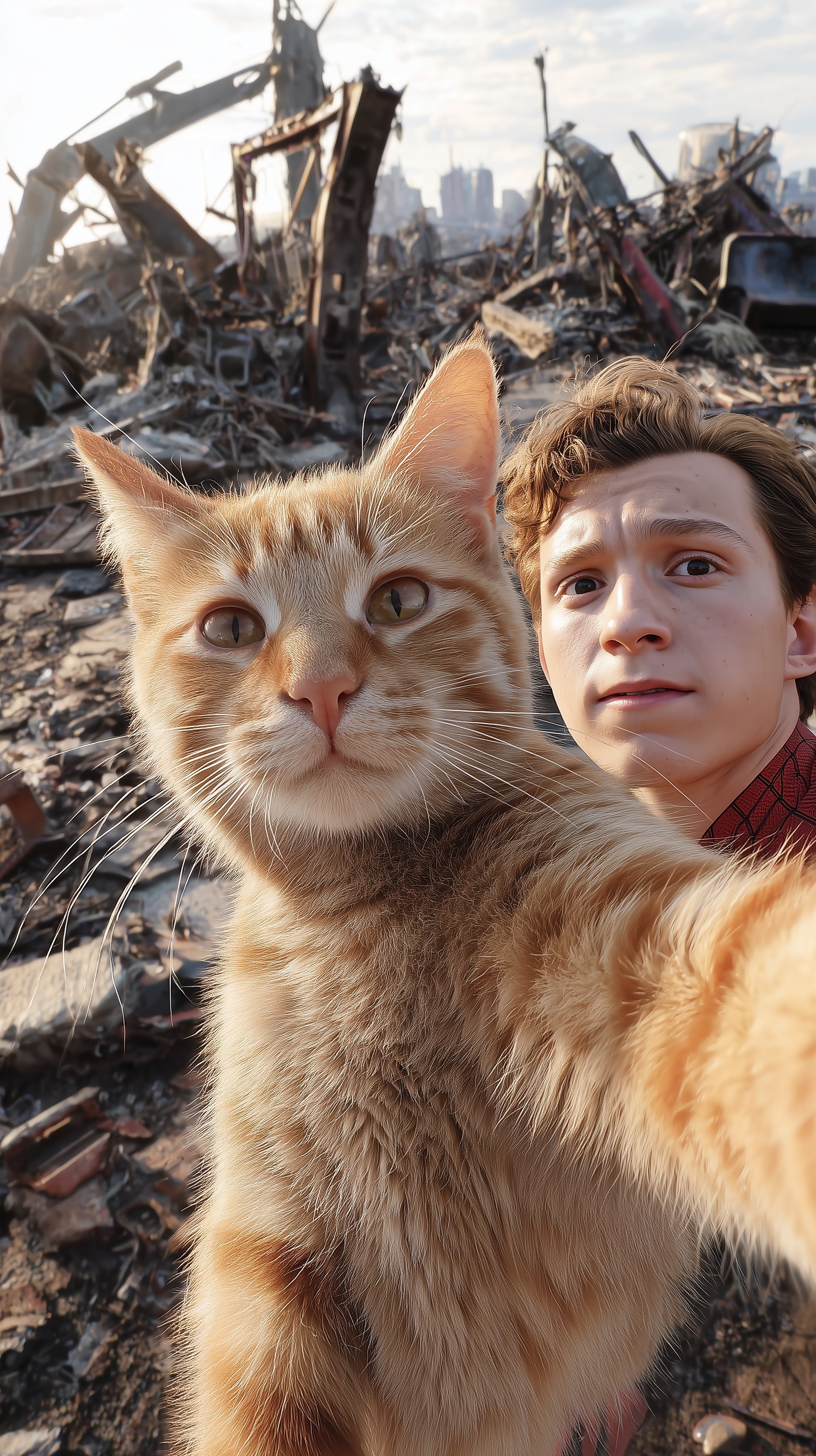 Epic Cat Selfie: Peter Parker in Battle Ruins