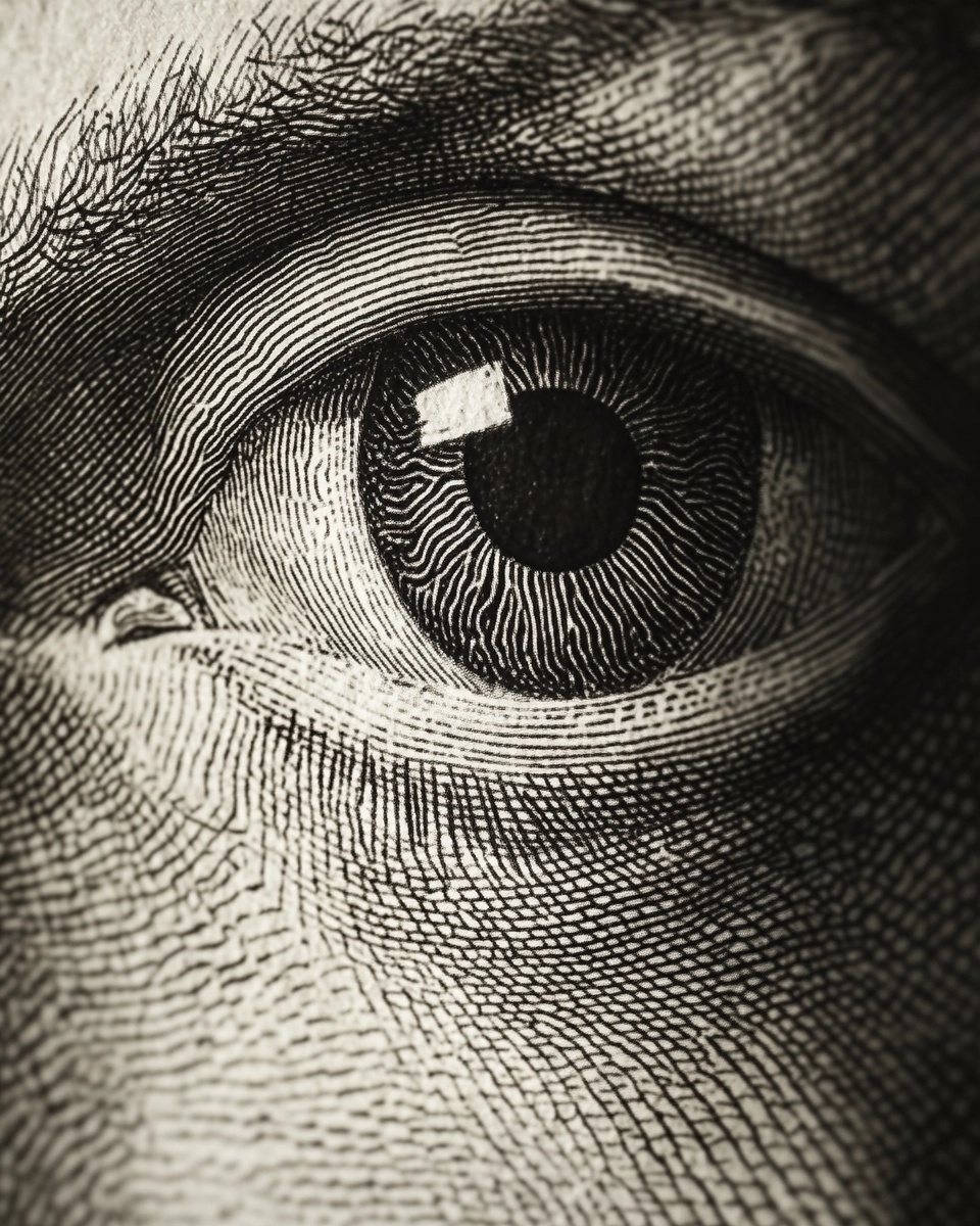 Close-Up of Benjamin Franklin's Eye on Dollar Bill