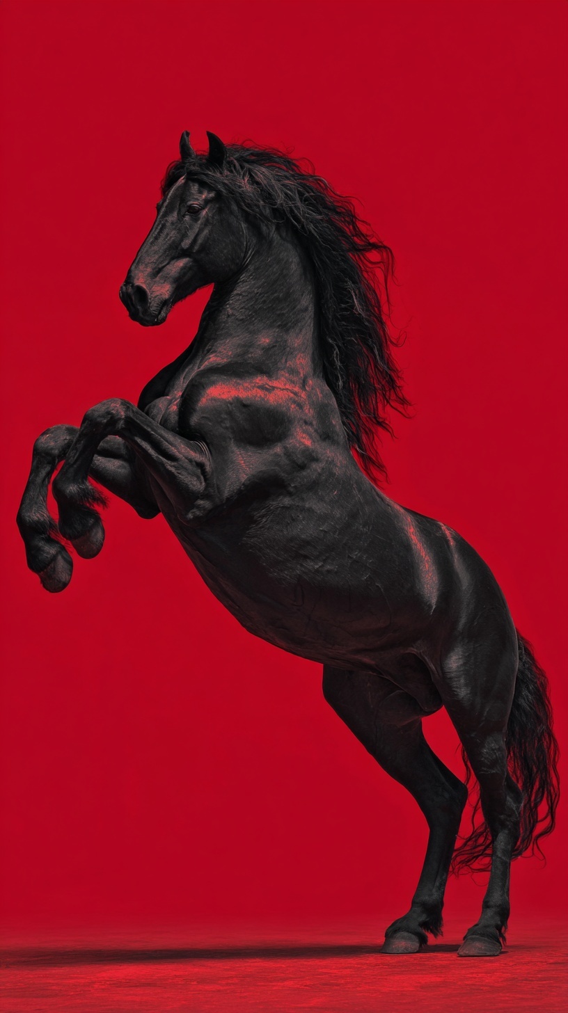 Majestic Black Horse in Vibrant Red Setting