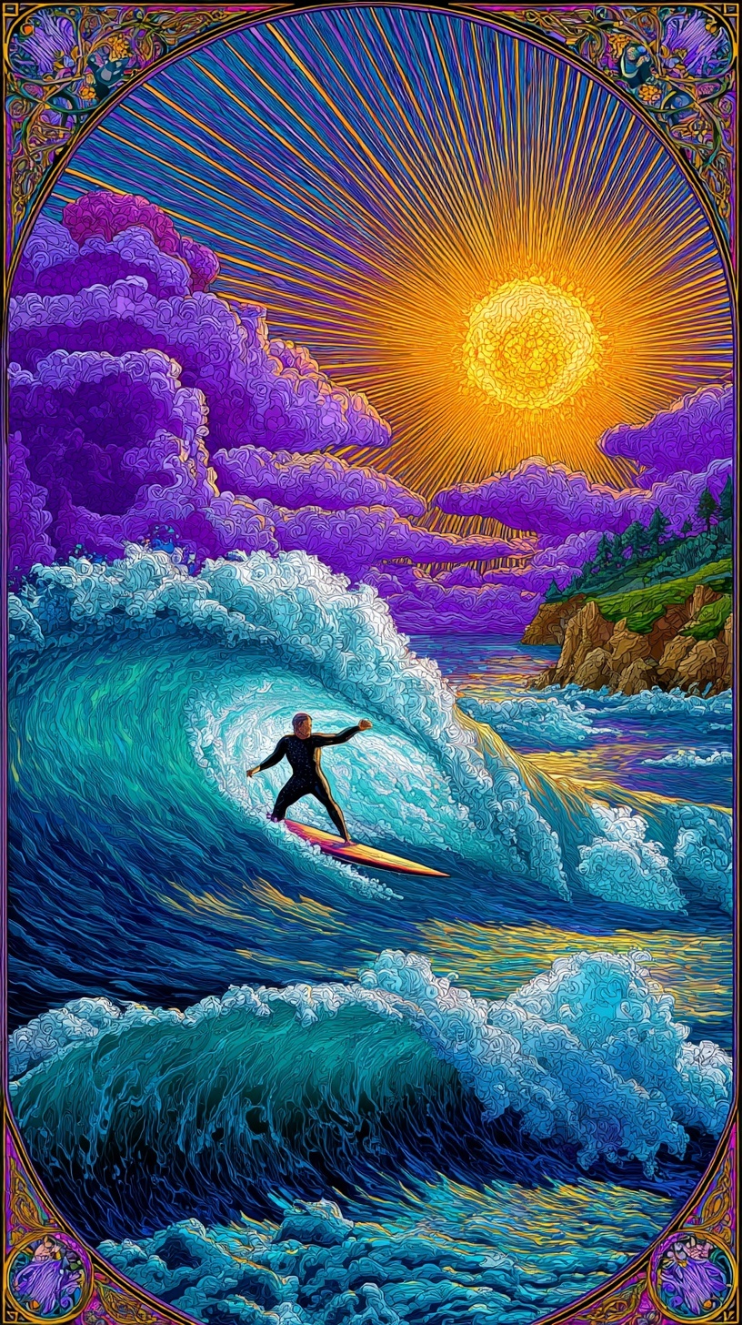 Art Nouveau Surfer Riding Waves in Style