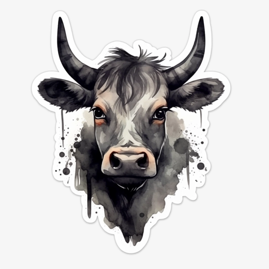 Moody Watercolor Cow Stickers - Witchy Black & White Design