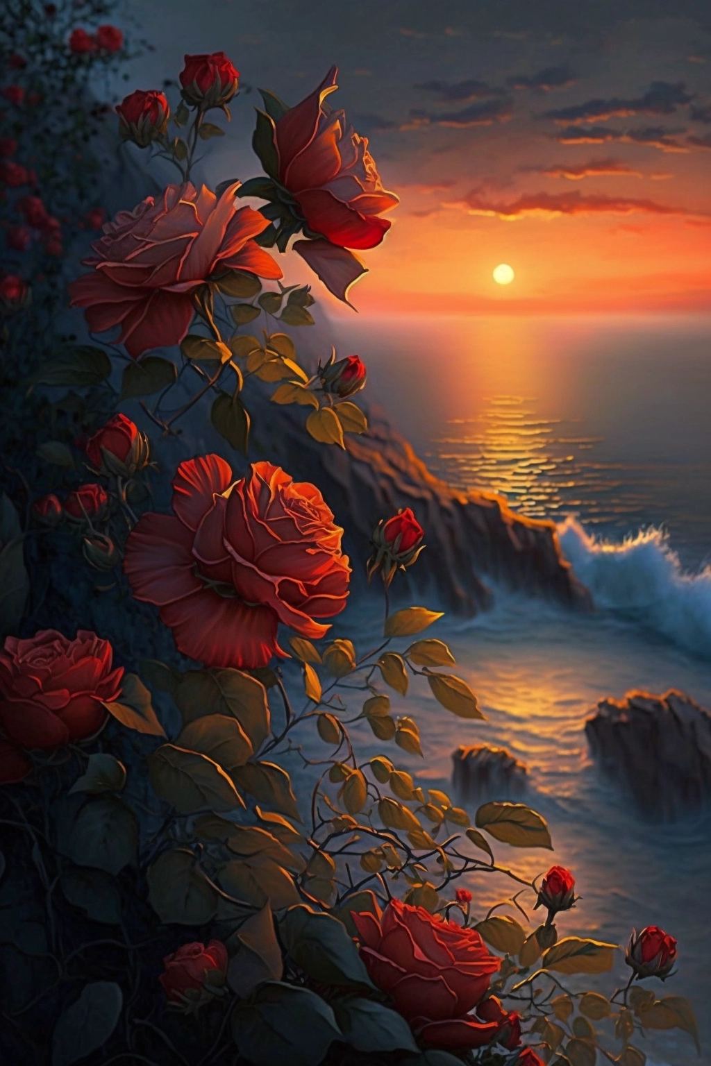 Stunning 4K Red Rose Sunset with Distant Sea View