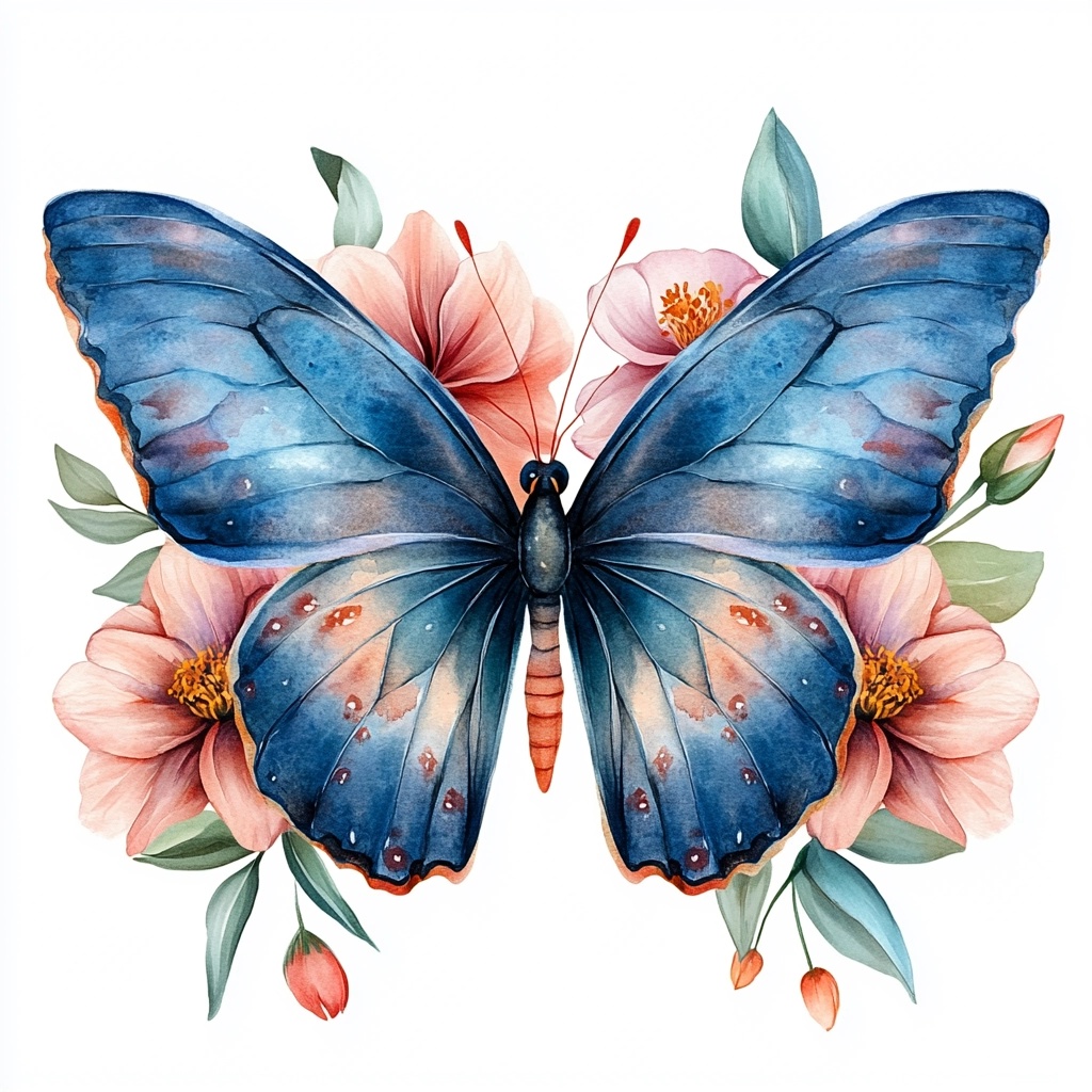 Elegant Blue Butterfly with Pink Orchids Art Clipart