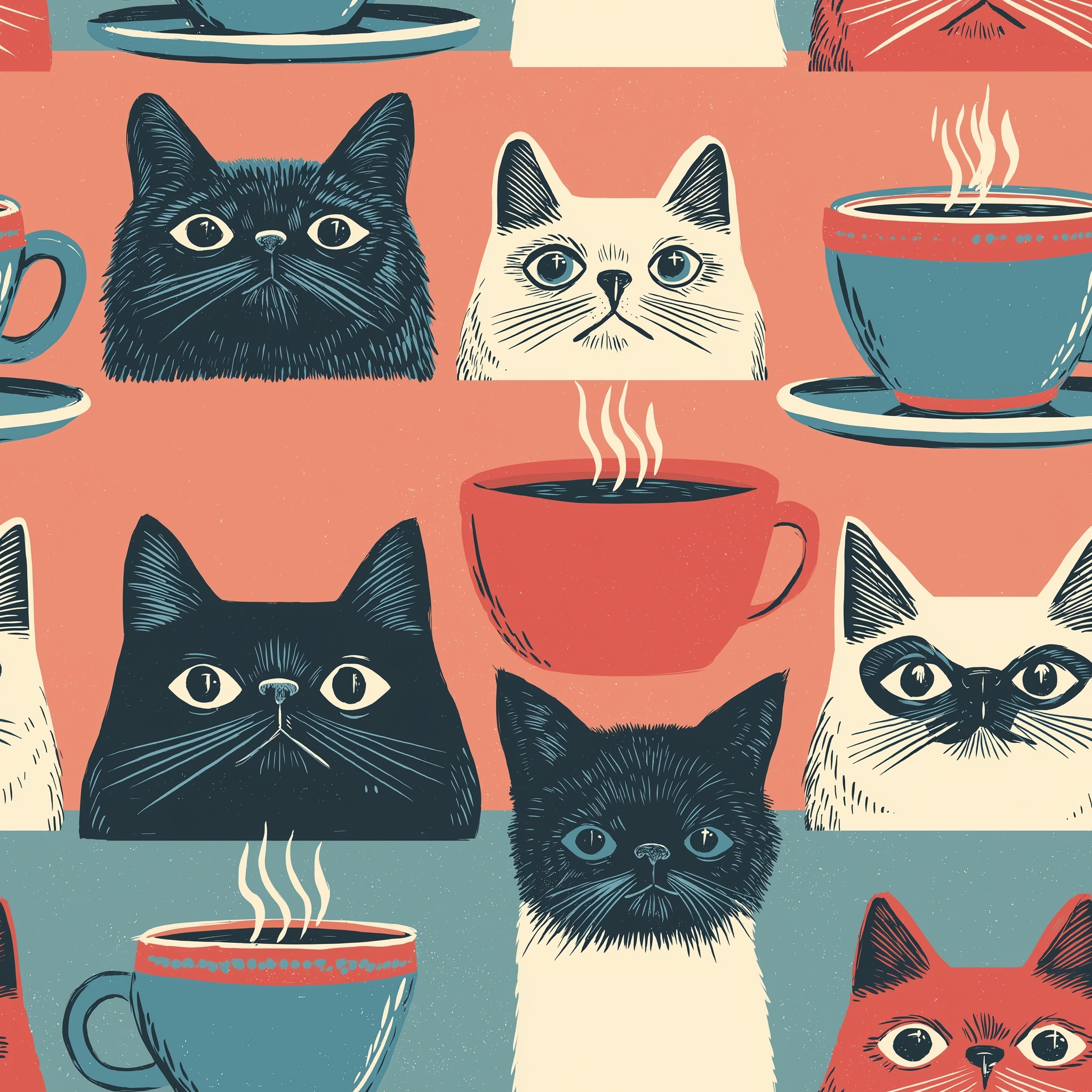 Pastel Cat Faces & Coffee Seamless Pattern