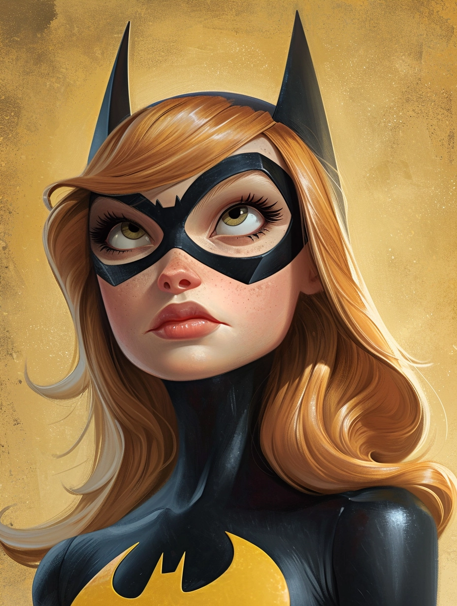 Collectible Batgirl Caricature Card: Jennifer Lawrence in Ed Roth & Jack David Style