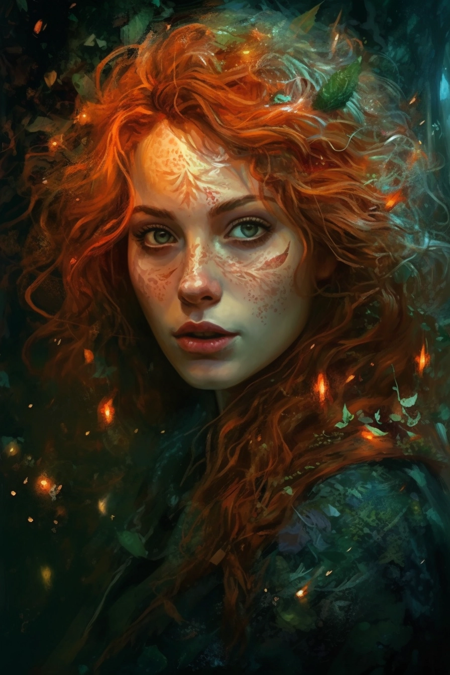 Enchanting Realms: Glowing-Eyed Woman in Emerald & Amber