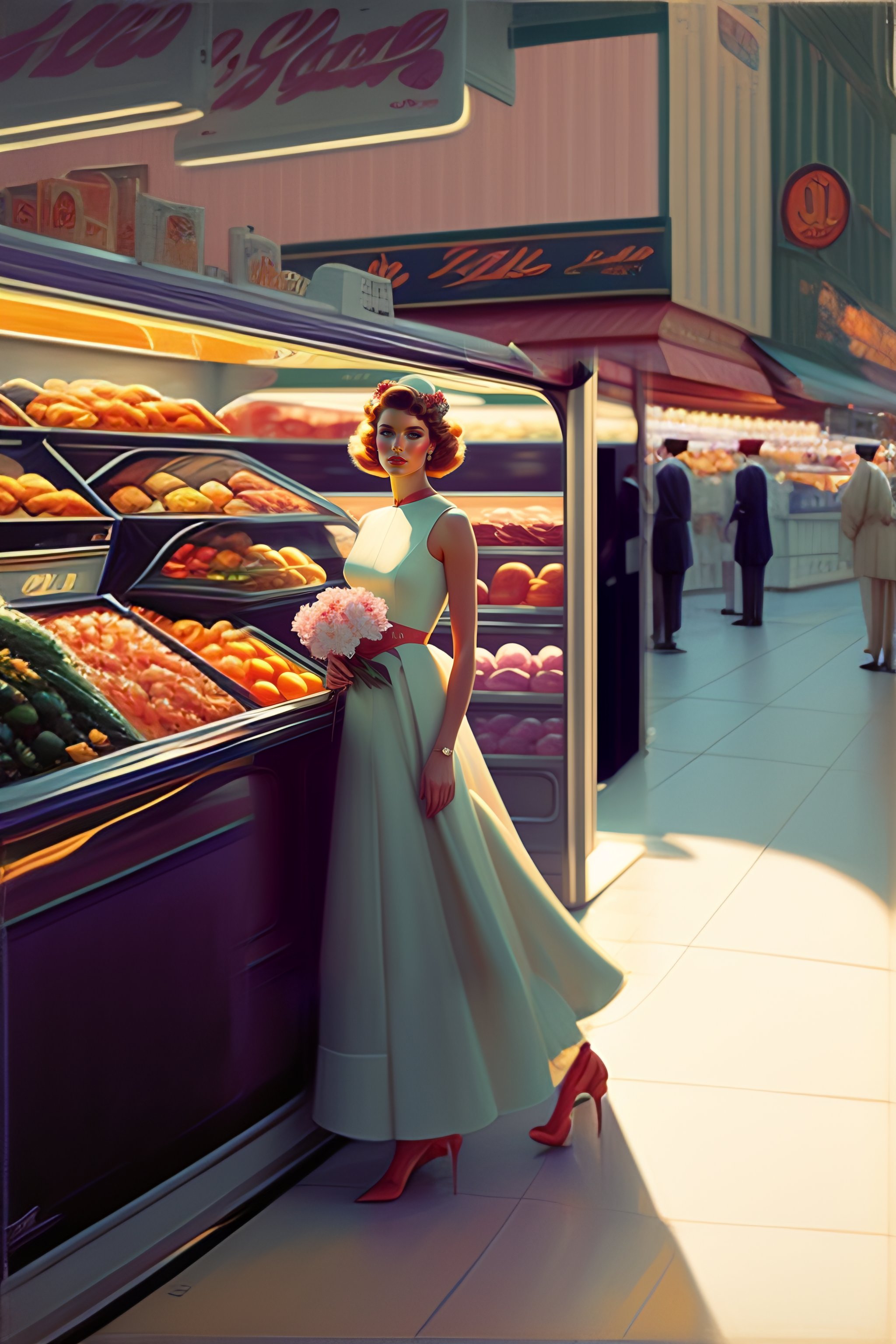 Stylish Floral Dress by Syd Mead at 7/11 - Cold Palette, Muted Colors, 8k Detail