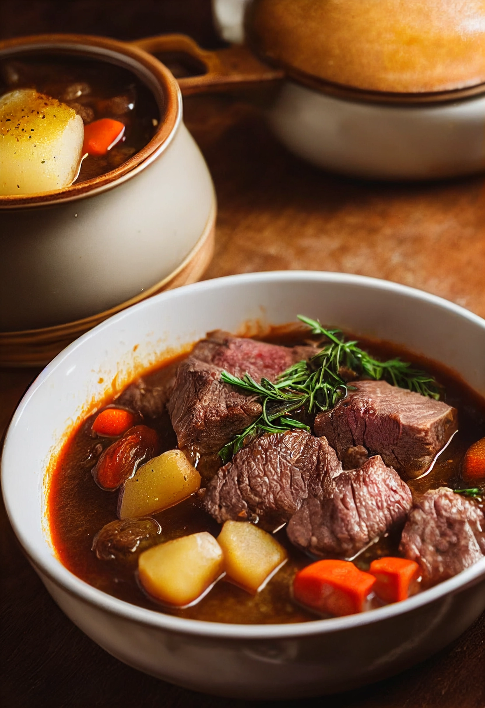 Hearty Beef Stew with Potato and Toast - Close-up Food Photography