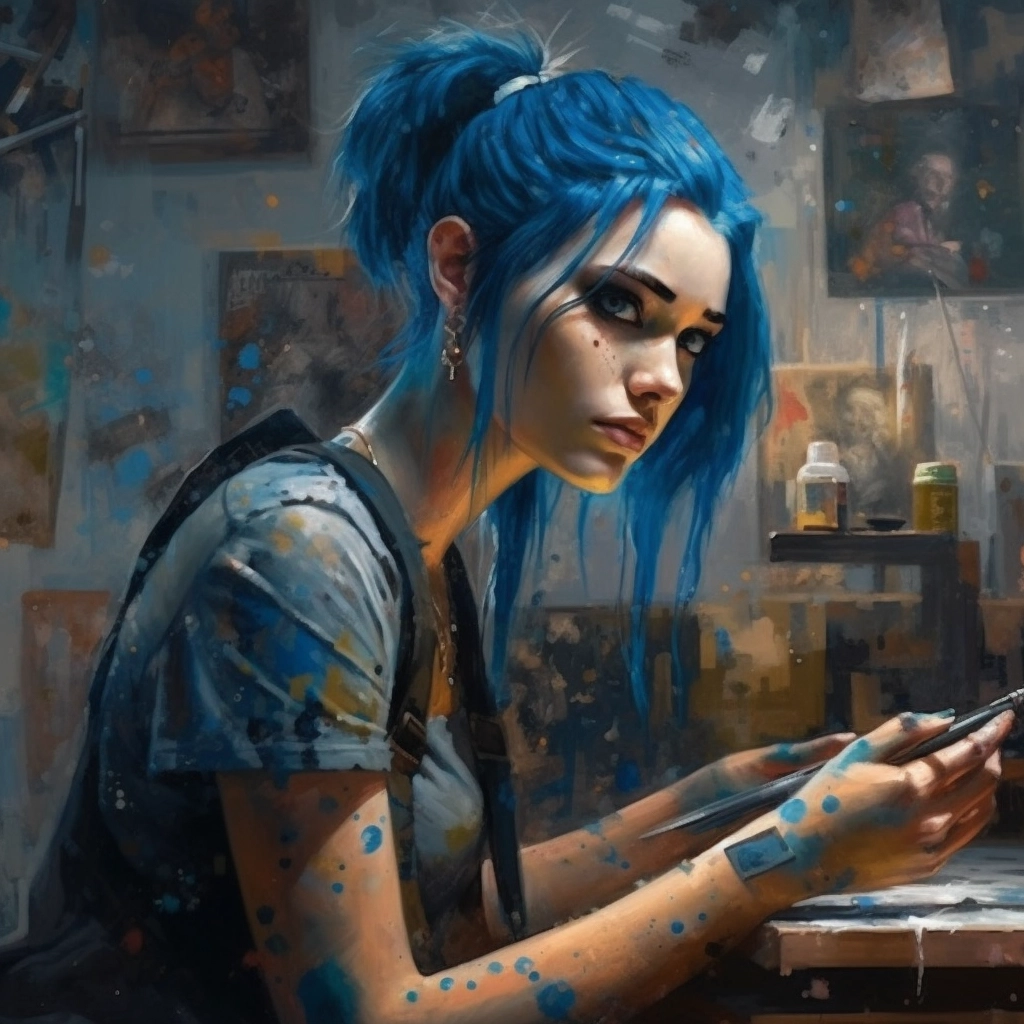 Blue-haired Cyberpunk Girl: Anime-inspired Oil Paintings