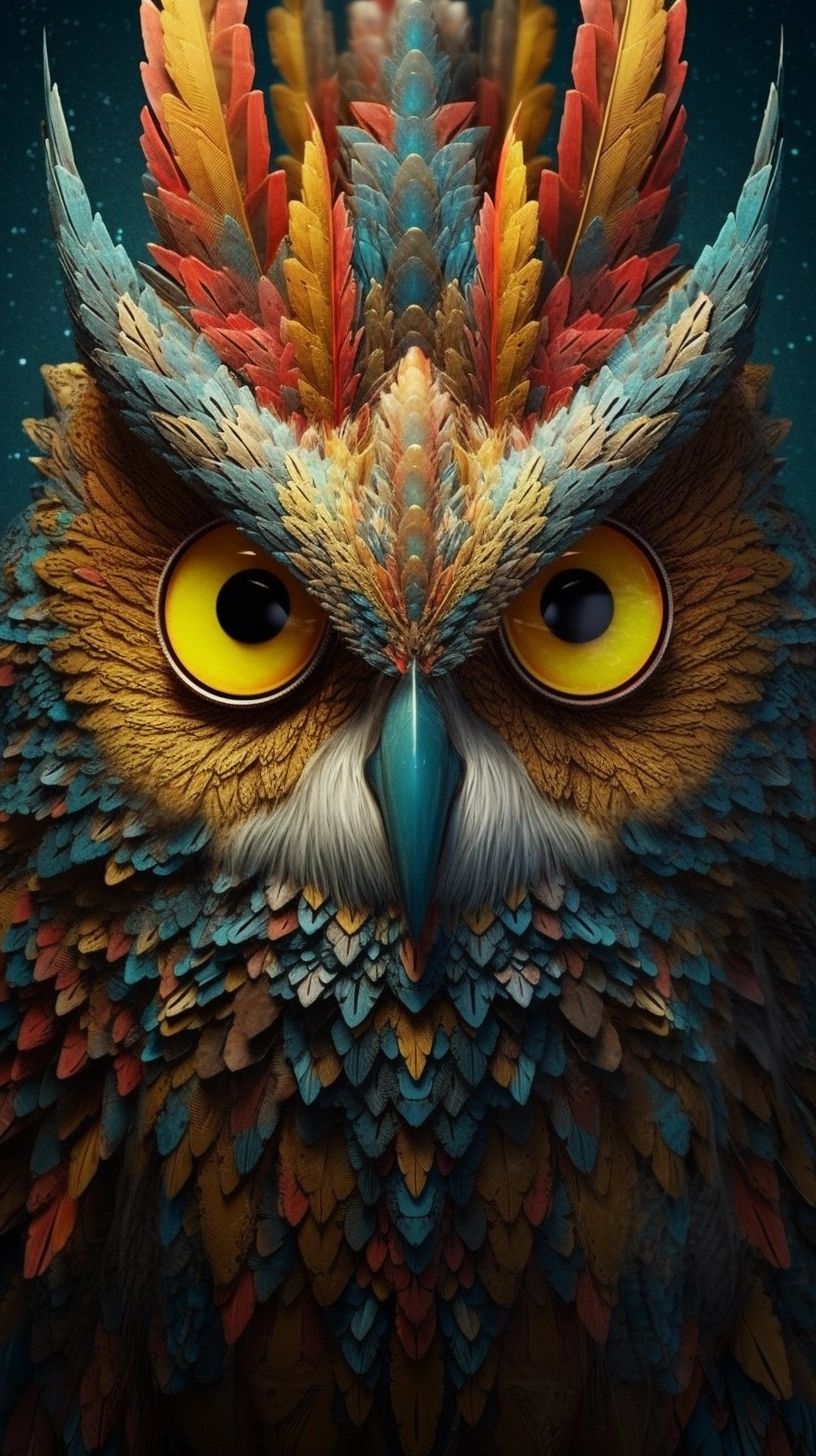 Exotic Owl with Colorful Feathers - Meticulously Detailed Art