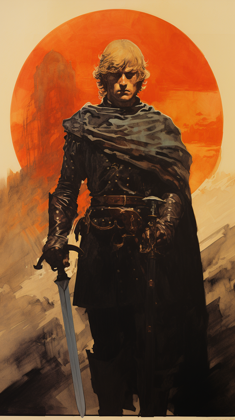 Vintage 1970s Dark Fantasy Art: Grainy Minimalist Warrior