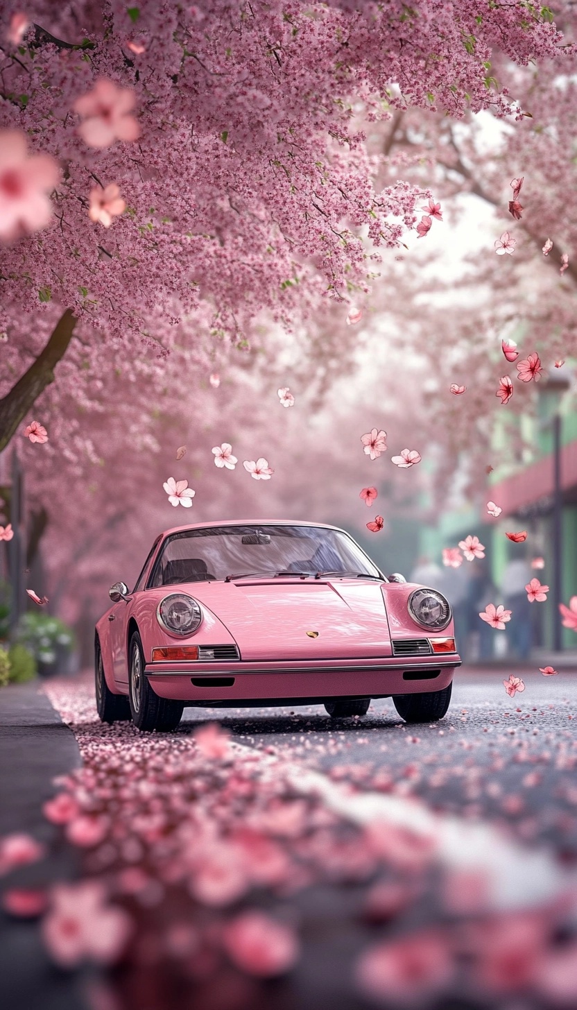 Stunning Pink Porsche Amid Blooming Sakura Scene