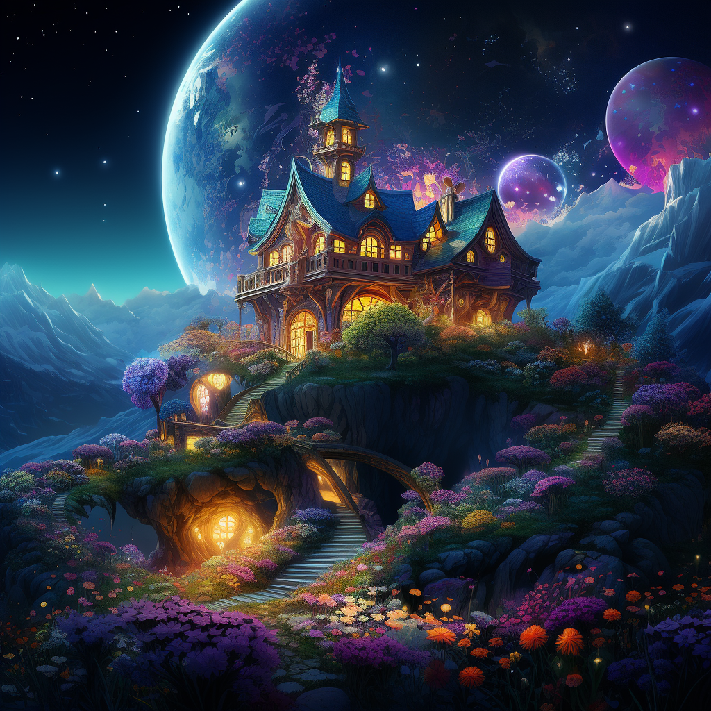 Fantasy Hillside Home: Intricate, Neon Valley of Multicolored Flowers